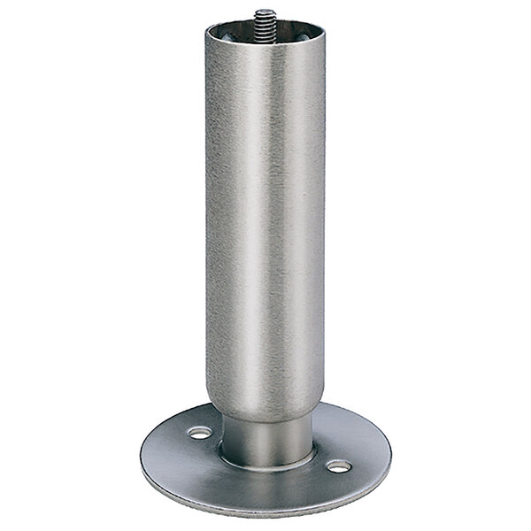 A stainless steel floor mounting leg assembly with a screw on top.