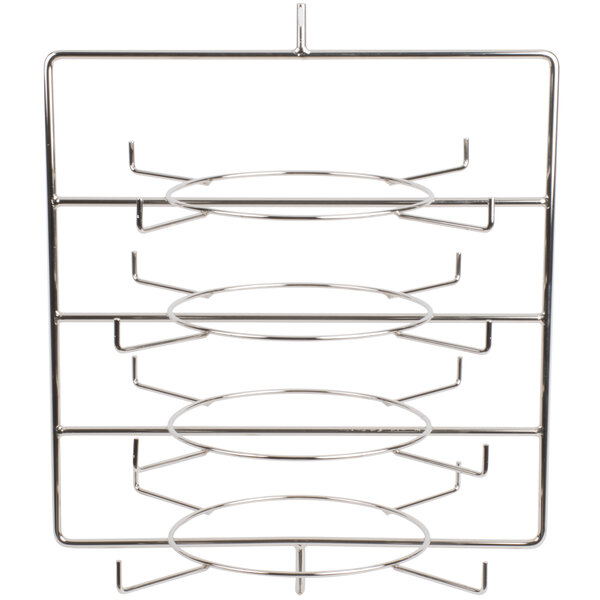 A white Hatco metal rack with four round rings on it.