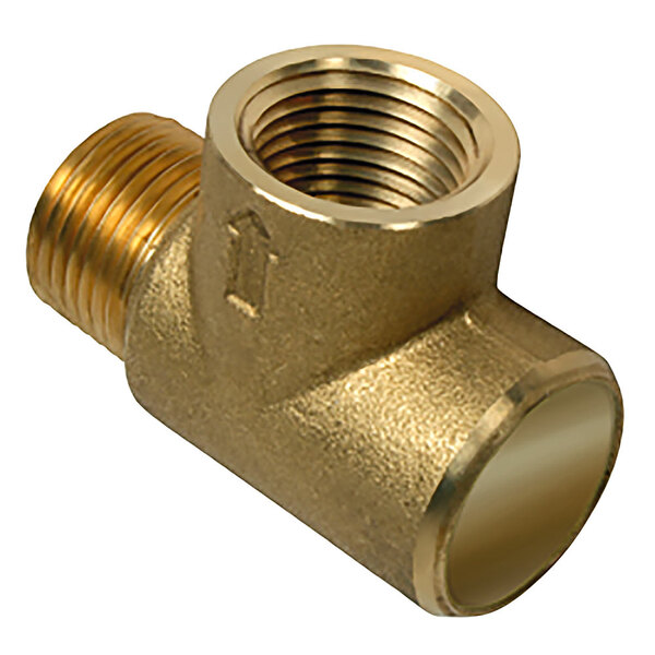A close-up of a gold brass threaded pipe fitting.