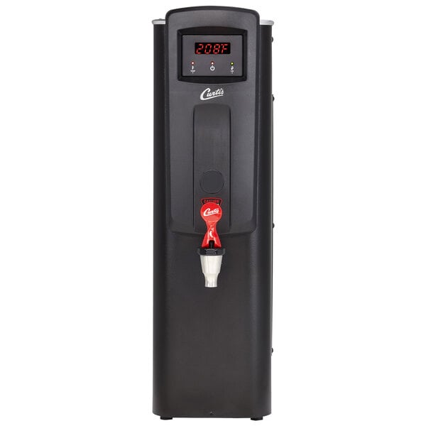 A black Curtis hot water dispenser with a red faucet button.