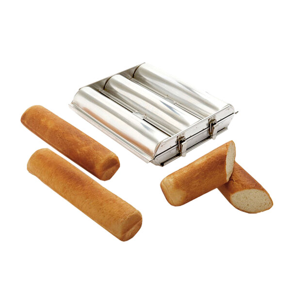 A Matfer Bourgeat stainless steel bread mold with three round compartments.