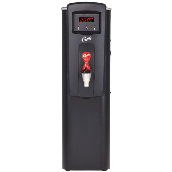 A black Curtis hot water dispenser with a black and red faucet.
