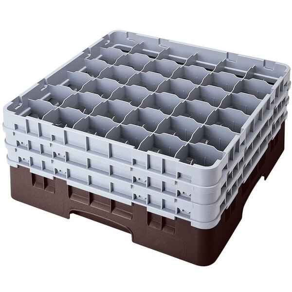A brown plastic Cambro glass rack with 36 compartments and 6 extenders.