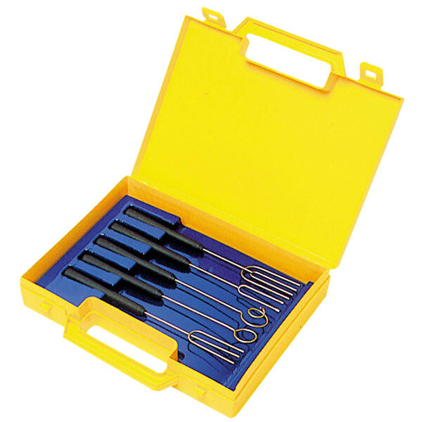 A yellow case with several Matfer Bourgeat Chocolate Dipping Forks inside.