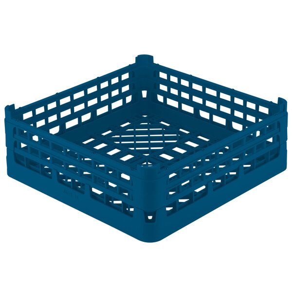 A Vollrath royal blue plastic dish rack with open sides and a handle.