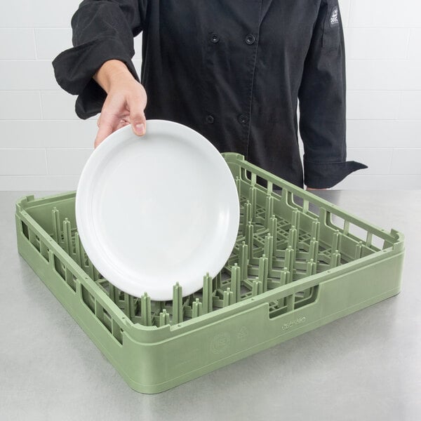 A person holding a white plate in a light green Vollrath dish rack.