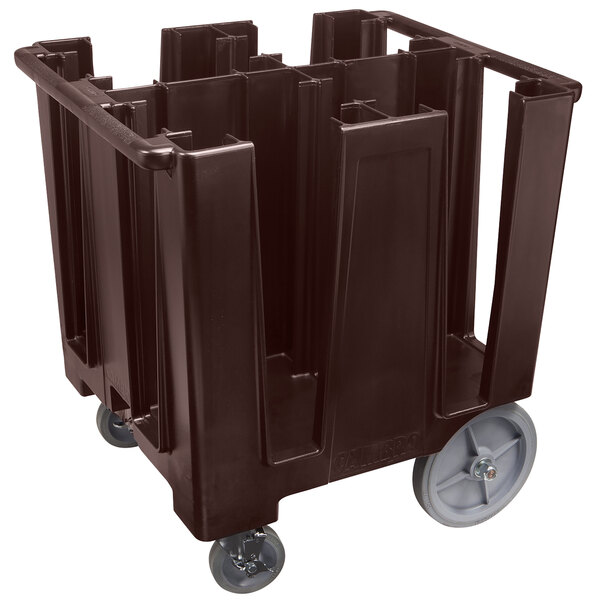 A dark brown plastic Cambro dish caddy with wheels.