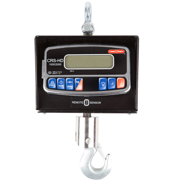 A black electronic Tor Rey crane scale with a hook and chain.