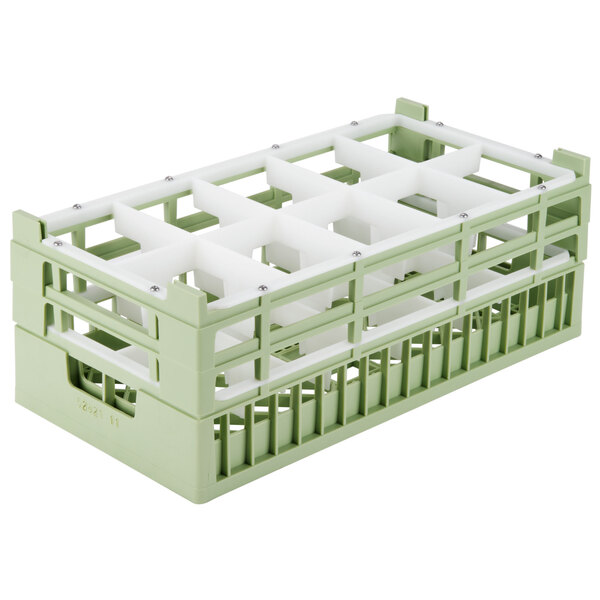 A light green plastic Vollrath rack with 10 compartments.