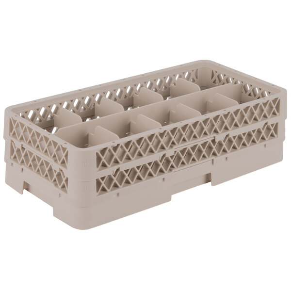 A beige plastic Vollrath Traex glass rack with ten compartments.