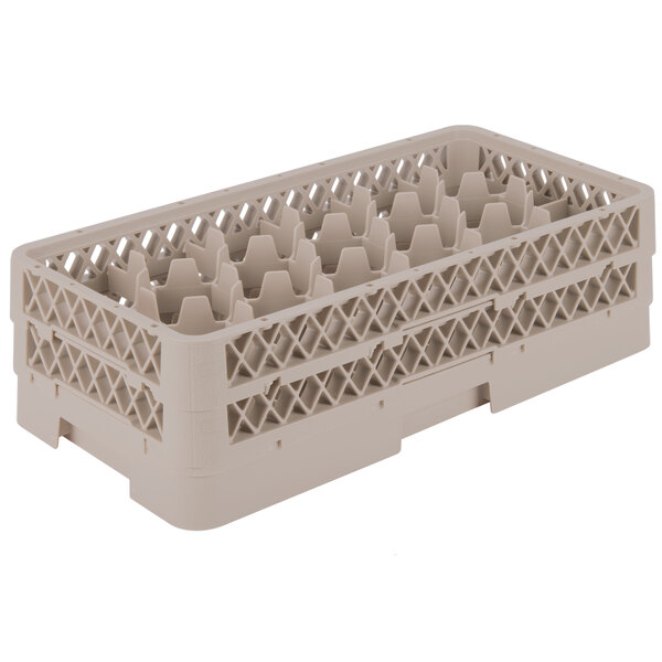 A beige Vollrath Traex half-size glass rack with 17 compartments and several holes.