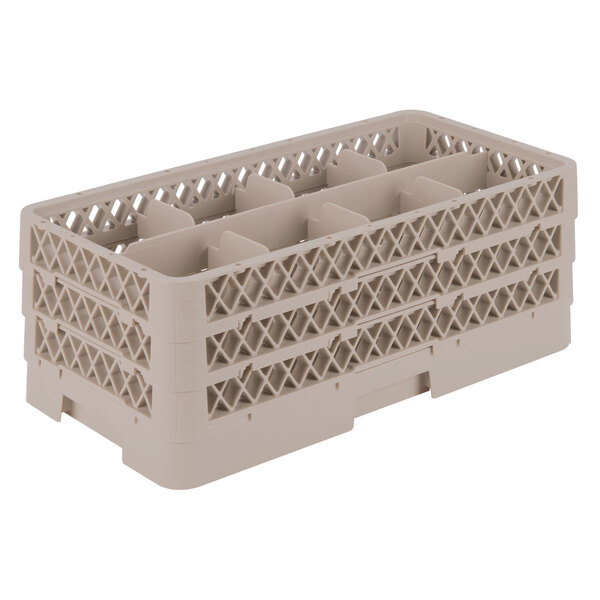 A beige plastic Vollrath Traex glass rack with eight compartments.