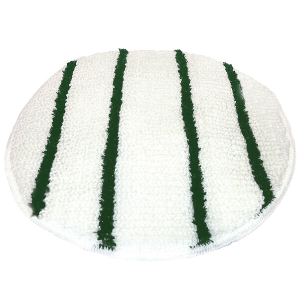 A Scrubble by ACS white carpet bonnet with green scrubber strips.
