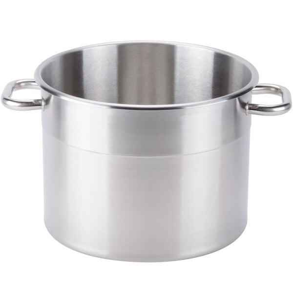 A large stainless steel bowl with handles.