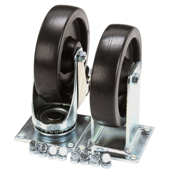 A pair of Pitco caster wheels with black locks and a few screws.