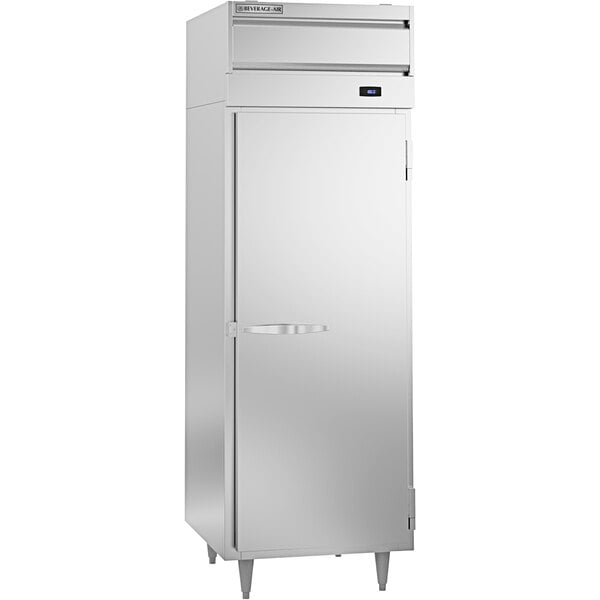 A stainless steel Beverage-Air holding cabinet with a door.
