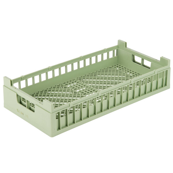 A light green plastic basket with holes.