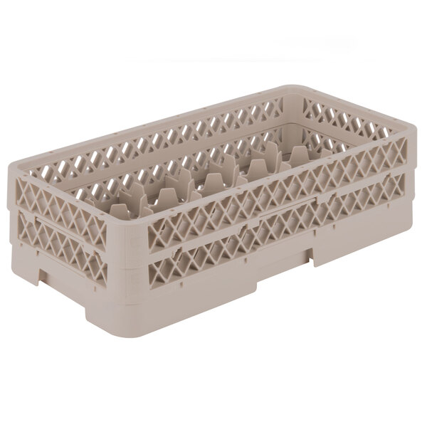A beige plastic Vollrath Traex glass rack with compartments.