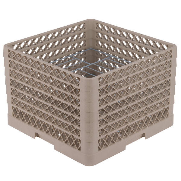 A beige plastic Vollrath Traex Plate Crate with a metal grate.