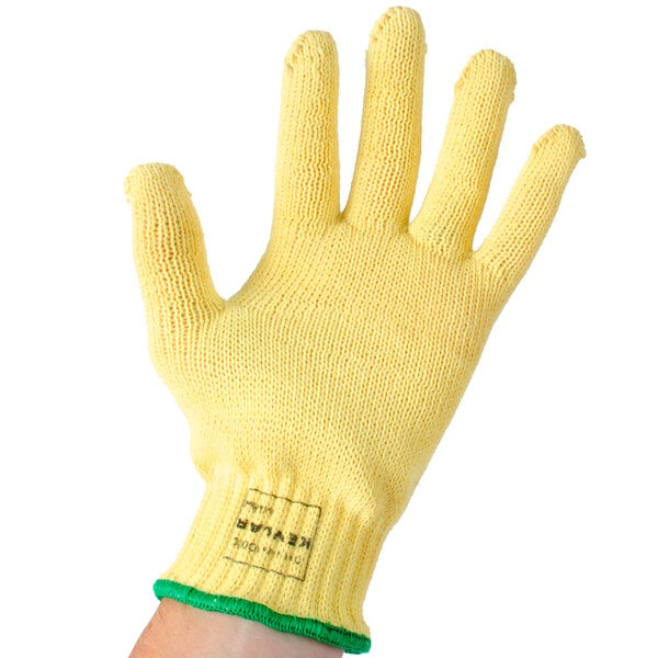 A yellow Cordova cut resistant glove with a green band.