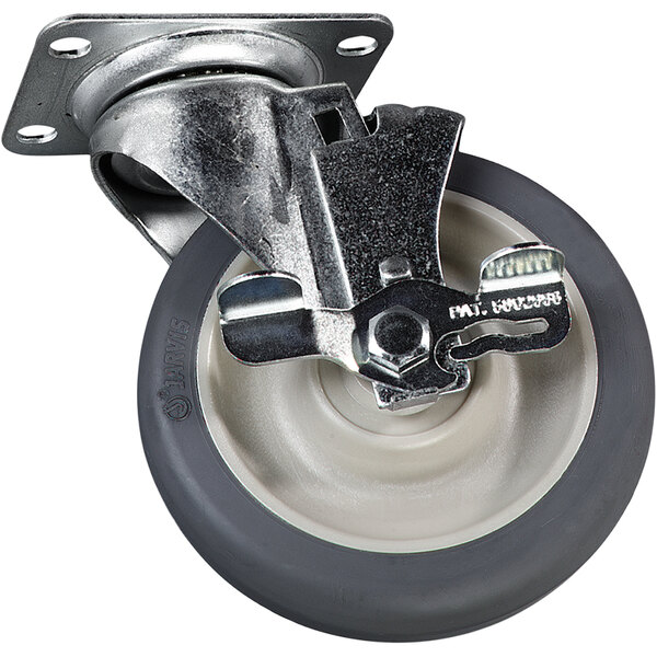 A white and black Carlisle swivel plate castor with a metal and rubber wheel.