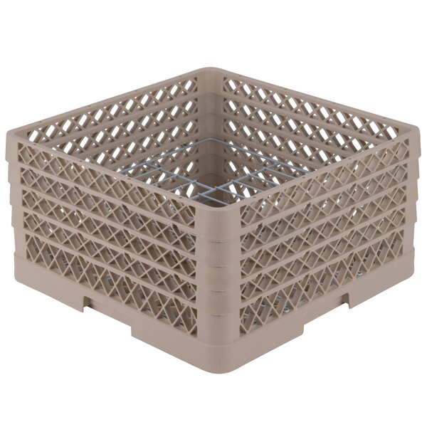 A beige plastic rack with square compartments and wire mesh.