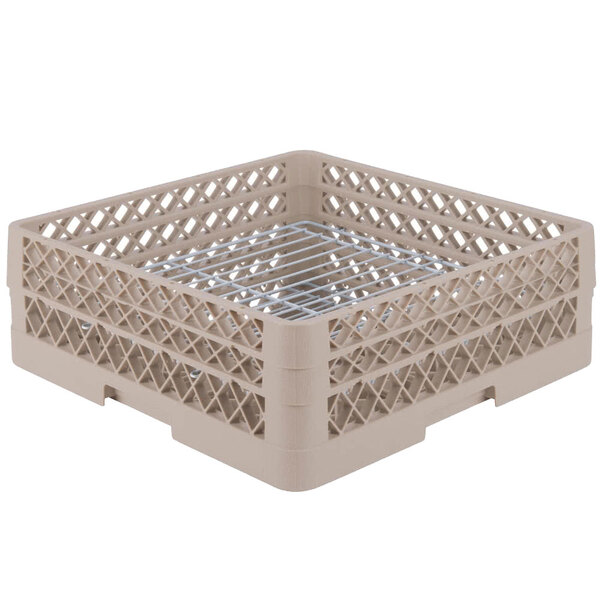 A beige plastic Vollrath Plate Crate with metal dividers.