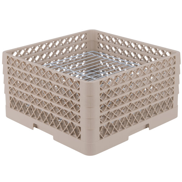 A beige plastic Vollrath Plate Crate with white metal bars.