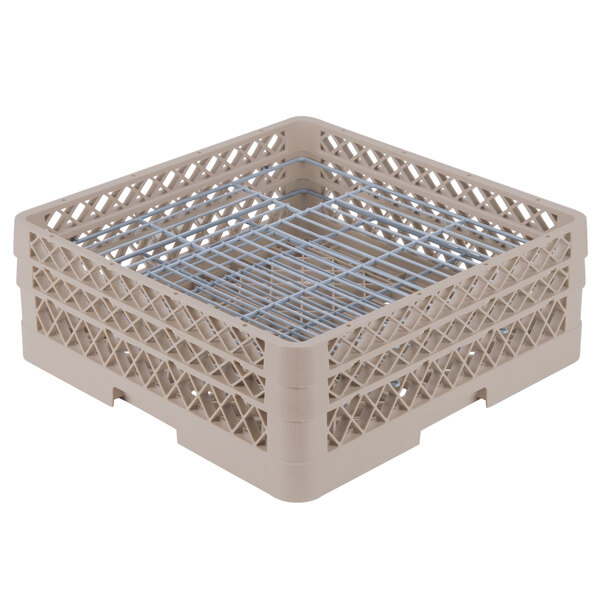 A beige plastic Vollrath Traex Plate Crate with blue wire mesh.