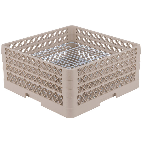 A beige plastic Vollrath Plate Crate with metal grates.