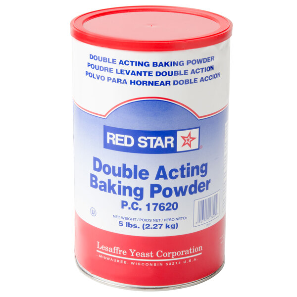 A red and white canister of Double Acting Baking Powder.