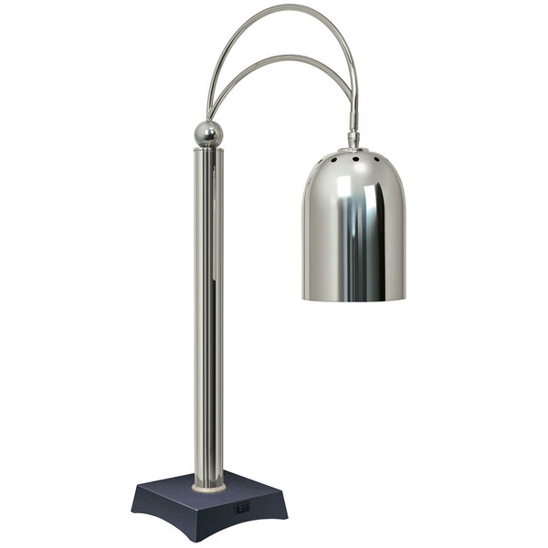 A silver Hatco countertop carving station lamp with a Bermuda sand-colored base.