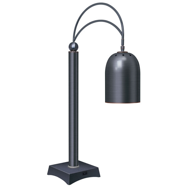 A black Hatco countertop lamp with bronze trim over a grey granite base.
