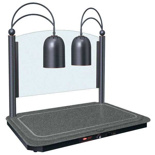A grey rectangular Hatco carving station with two lights.