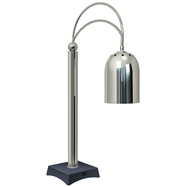 A silver lamp with a black base.