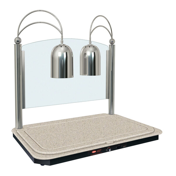 A Hatco carving station with two silver lamps over a glass panel.