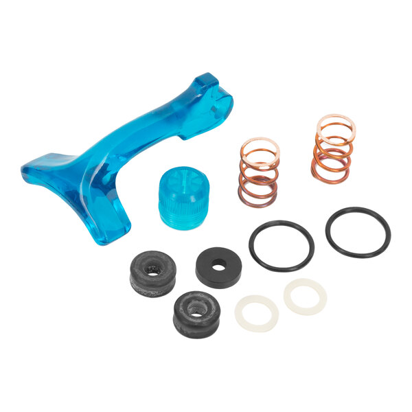 A blue plastic and black metal Equip by T&S glass filler repair kit with springs.
