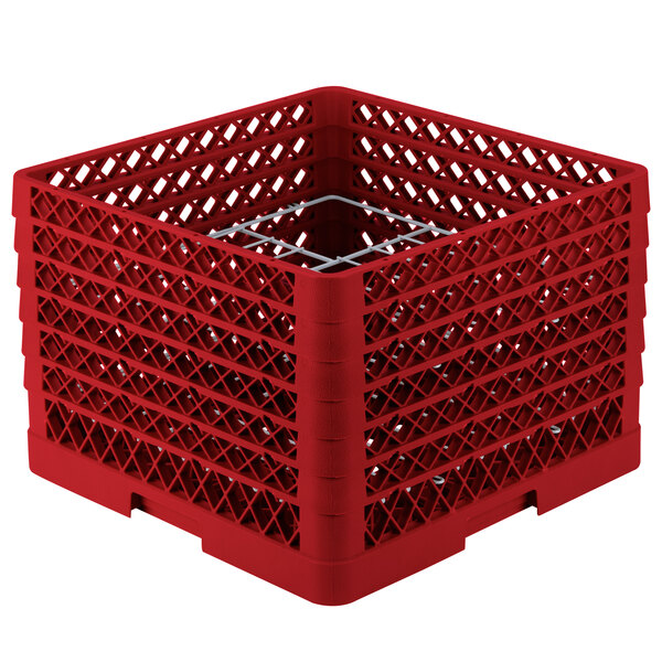 A red plastic Vollrath Traex Plate Crate with silver metal rods.