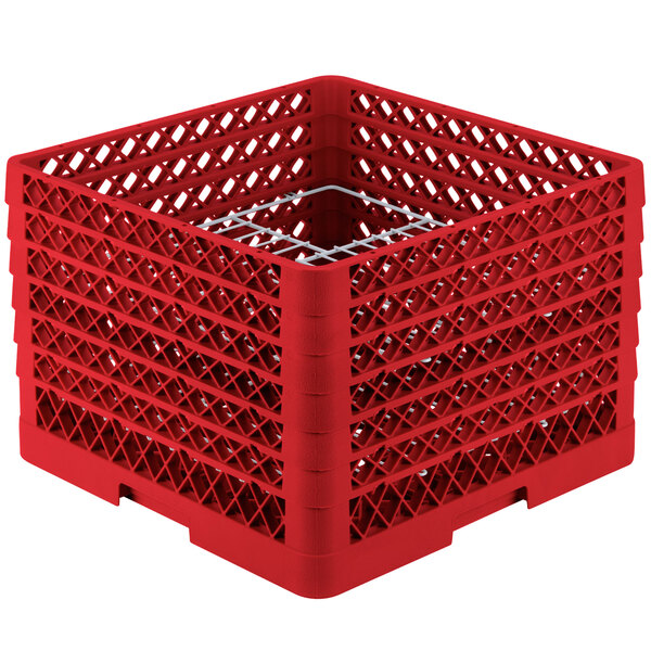 A red plastic Vollrath Traex plate rack with a silver metal grate.