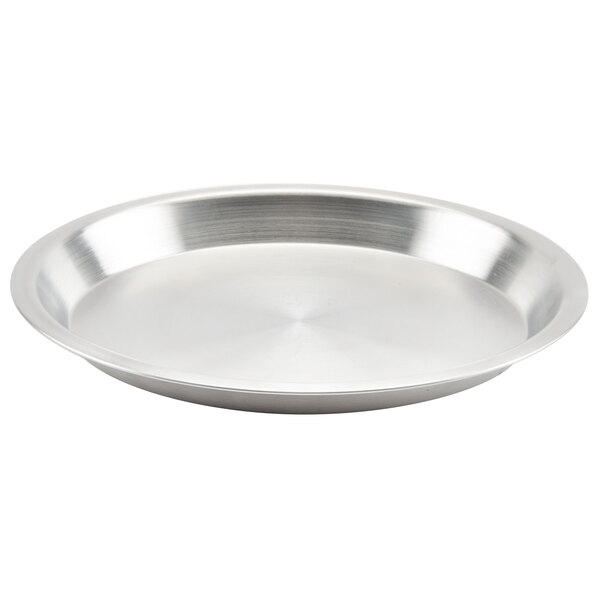 An American Metalcraft stainless steel pie pan with a round rim.