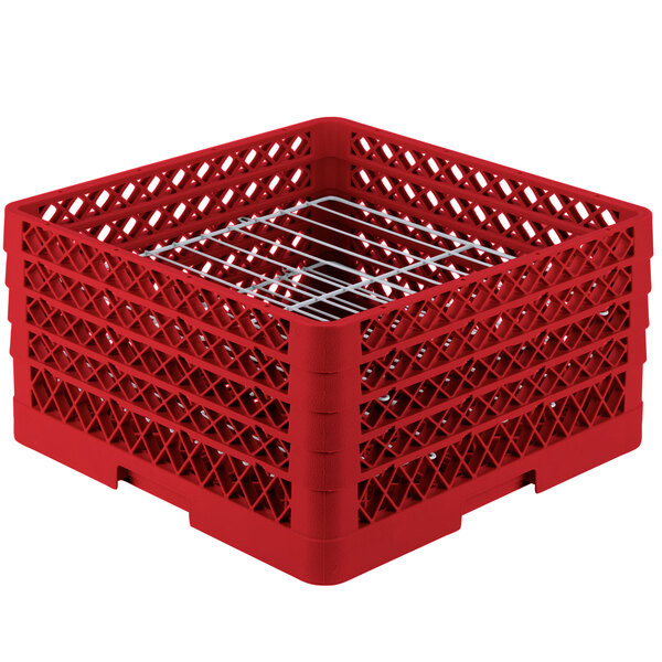 A red Vollrath Plate Crate with wire grates.