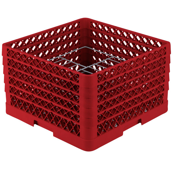 A red plastic Vollrath Traex Plate Crate with metal rods.