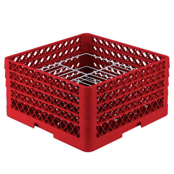 A red plastic Vollrath Traex plate rack with metal wire holders.
