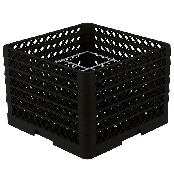 A black plastic Vollrath Traex Plate Crate with a silver metal grate.