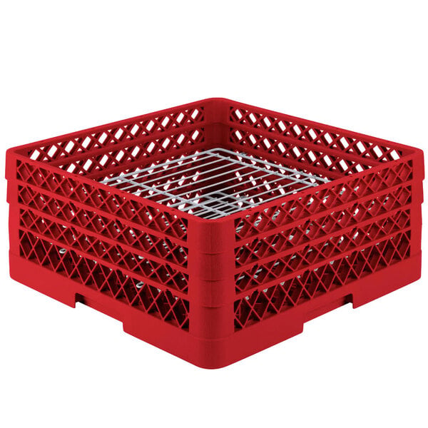 A red Vollrath Traex plate rack with wire racks inside.