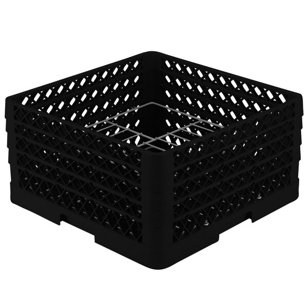 A black plastic Vollrath Traex Plate Crate with grids.