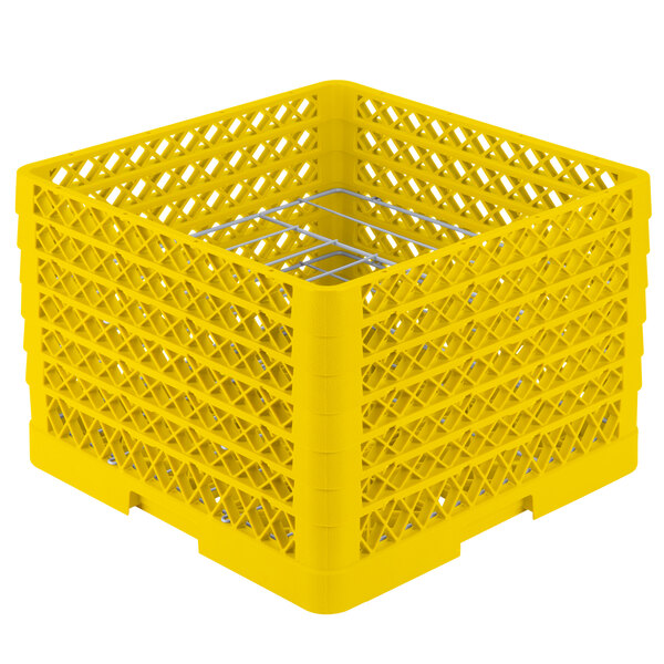 A yellow plastic Vollrath Traex Plate Crate with metal grates.