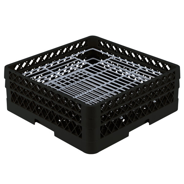 A black plastic Vollrath Traex Plate Crate with metal grates.