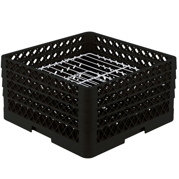 A black plastic Vollrath Plate Crate with wire dividers.