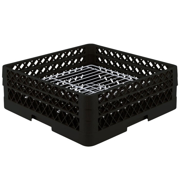 A black plastic Vollrath Traex Plate Crate with a metal grate inside.
